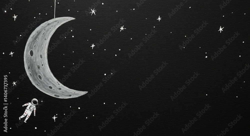 Naklejka premium Astronaut floating towards crescent moon in starry night sky