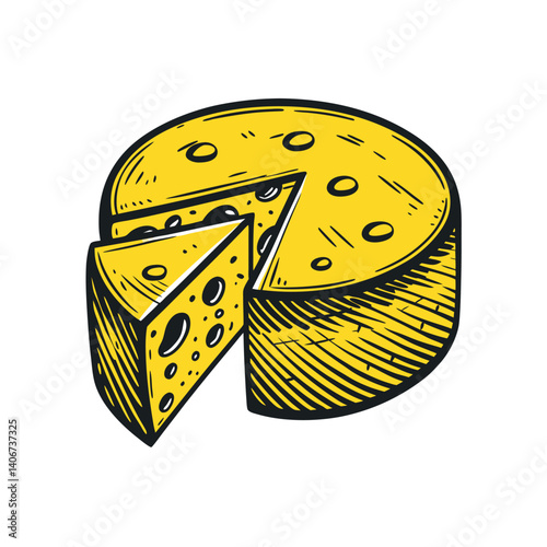 Illustration of a yellow cheese wheel with a slice removed, showcasing its detailed holes and texture, isolated on a white backdrop—ideal for culinary, dairy, or food representation purposes.