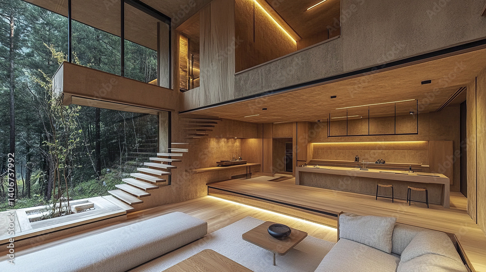 Fototapeta premium Modern Japanese style house with natural wood materials and large windows