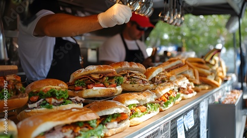 A food truck serving gourmet sandwiches at a festival