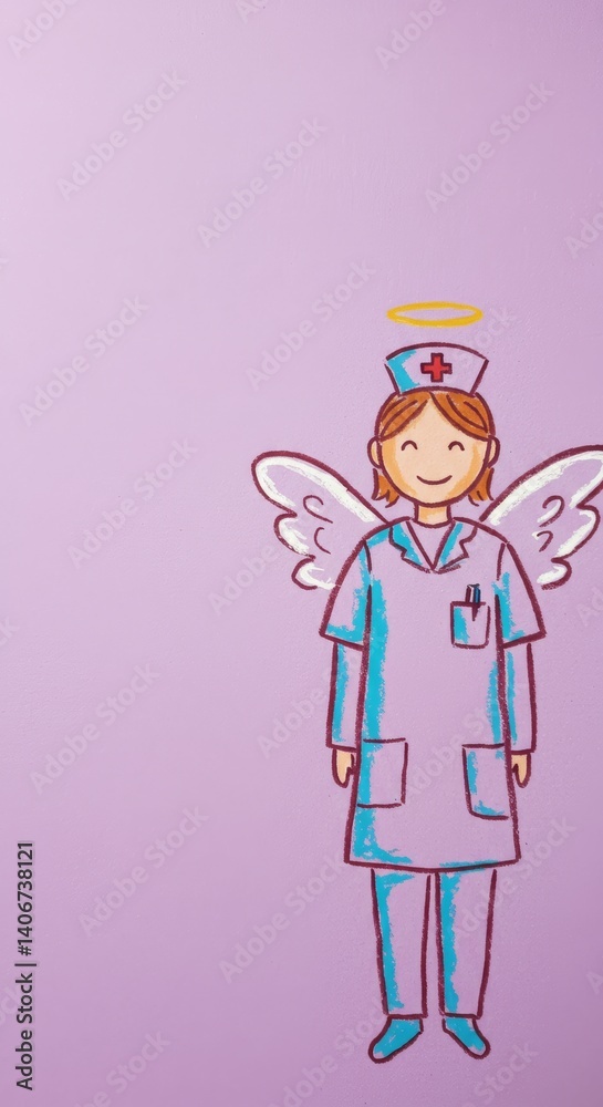 Smiling nurse with angel wings on purple background