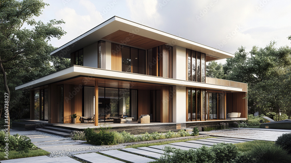 Modern house with large windows and natural materials in serene setting Modern house with large windows and natural materials in serene setting
