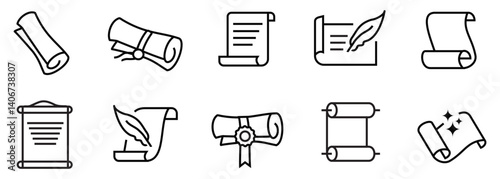 Line scrolls and papers icon set editable stroke 