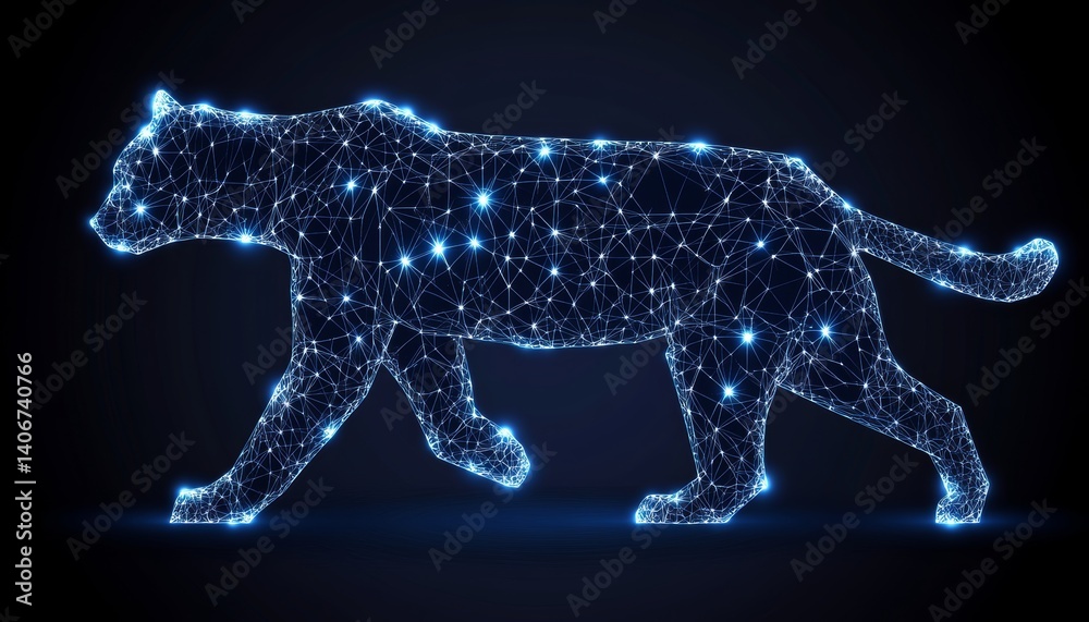 Fototapeta premium Glowing Polygonal Structure of a Walking Panther, Abstract Technology and Wild Animal Concept.
