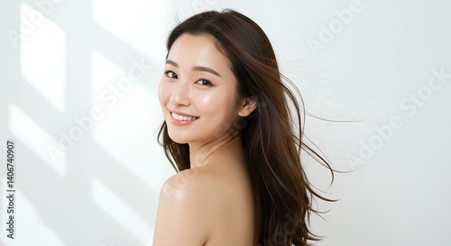 髪を風になびかせ振り向く若い女性（美容、ビューティー、化粧品、、スキンケア、健康）