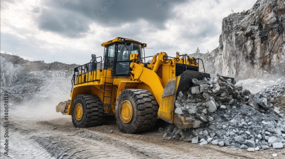 A large yellow bulldozer is actively moving a pile of rocks and gravel on a construction site. Surrounding rugged terrain highlights the machinery's power during a cloudy day
