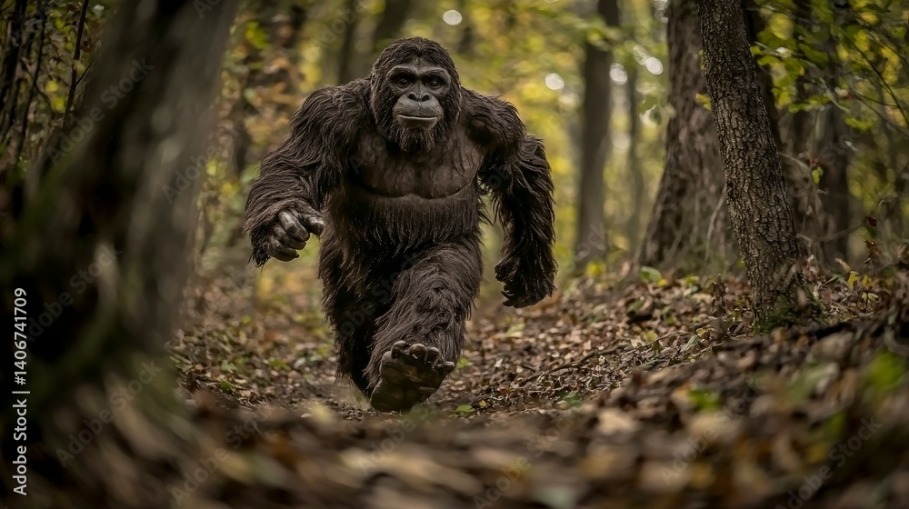 Obraz premium Bigfoot running wild in the forest action-packed scene nature photography dynamic perspective unveiling myth