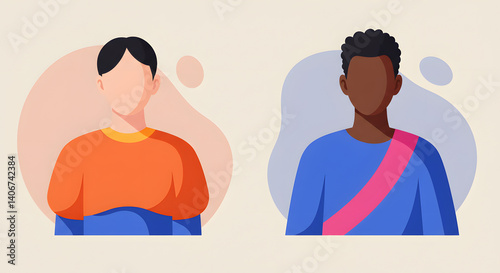 Two individuals of different ethnicities, concept on diversity and inclusion. Colorful vector illustration.