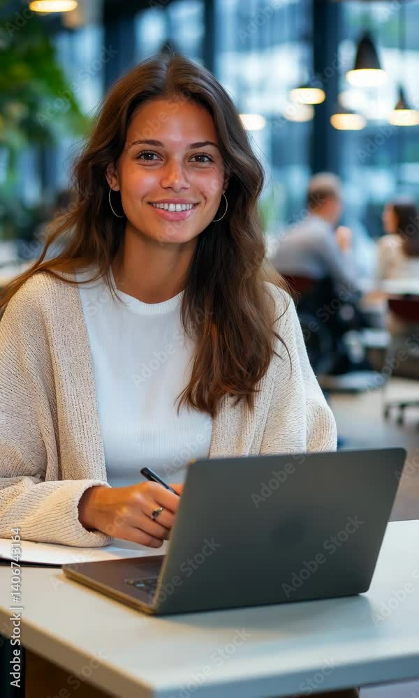 A woman is sitting at a table with a laptop and a pen. She is smiling and she is happy A woman is sitting at a table with a laptop and a pen. She is smiling and she is happy