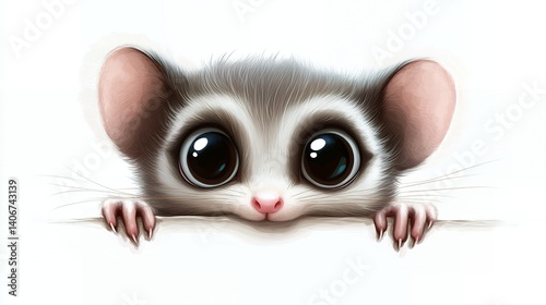 Adorable Sugar Glider Peeking Over White Background Cute Animal Portrait Illustration