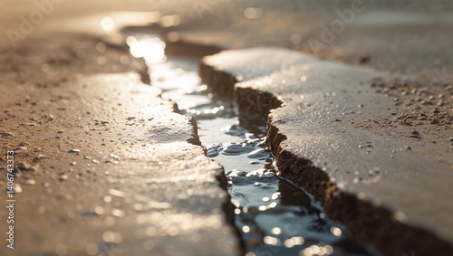 A crack in the ground with water seeping through it