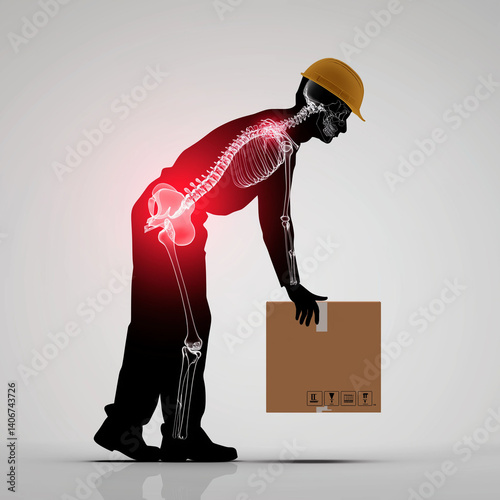 Low back pain spine ergonomics posture chronic. Worker lifting box improperly, risking lower spine injury.