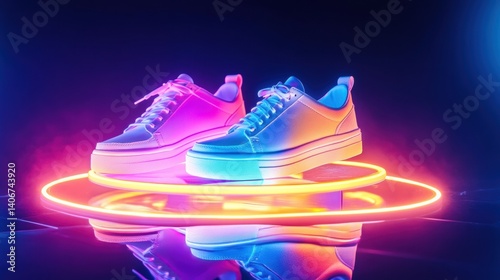 Trendy neon sneakers displayed on a glowing pedestal with a reflective surface and vibrant fashion spotlight