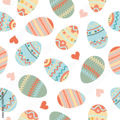 Happy easter. Seamless pattern with easter eggs, hearts on white background.