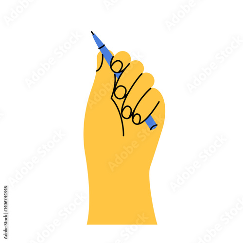 Hand holding a pen or pencil. Gesture. Color trendy vector illustration. Index, middle, ring, little fingers and thumb