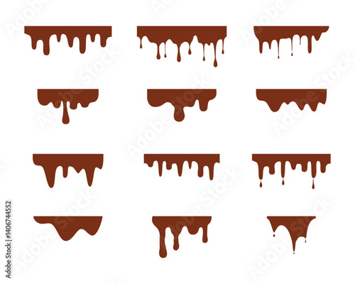 A set of flowing melted chocolate. Liquid drips or liquid sauce drop. Liquid chocolate, cream, syrup, milk, paint, ink, slime, dark chocolate on white background