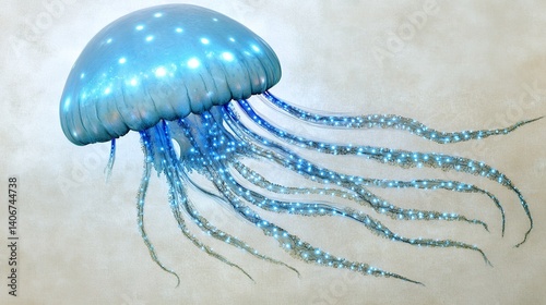Stunning Glowing Blue Jellyfish Underwater Ocean Life Art Digital Illustration