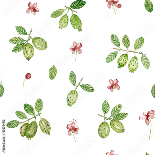 Watercolor seamless pattern with feijoa fruits, flowers, feijoa leaves. For printing on fabric, wallpaper, paper, curtains, prints, wrapping paper.