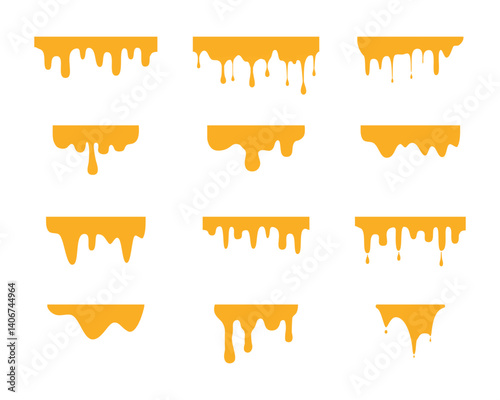 A set of flowing melted caramel. Liquid drips or liquid sauce drop. Seamless drops of honey, Cheese, syrup, mustard, butter, yellow paint, ink, slime on white background