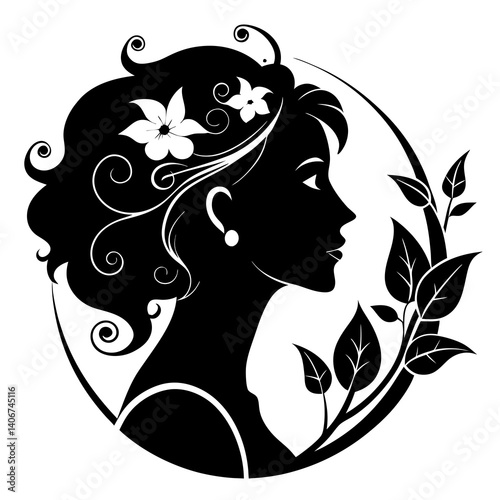 Feminine beauty Floral hair ornaments Black and white illustration on white background