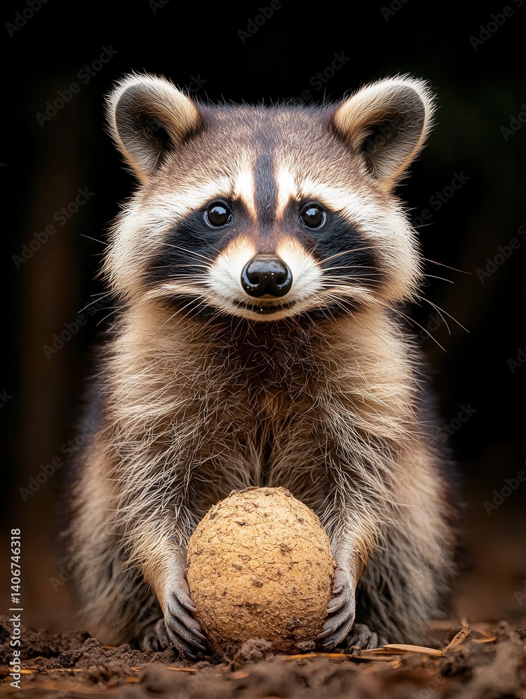 Curious raccoon with a round object in its paws, showcasing its unique features and playful nature in a forest setting Curious raccoon with a round object in its paws, showcasing its unique features and playful nature in a forest setting