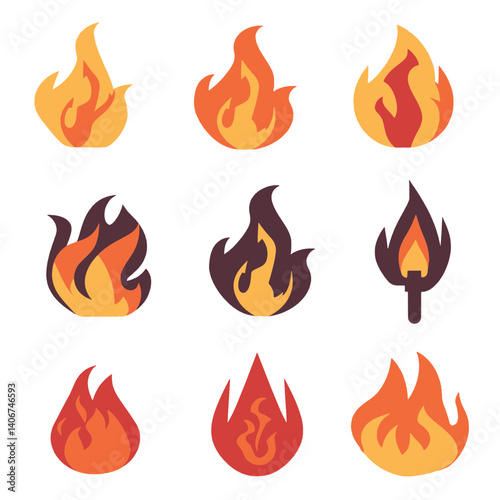 Set of icon exploding abstract fire flame small minimal illustration.