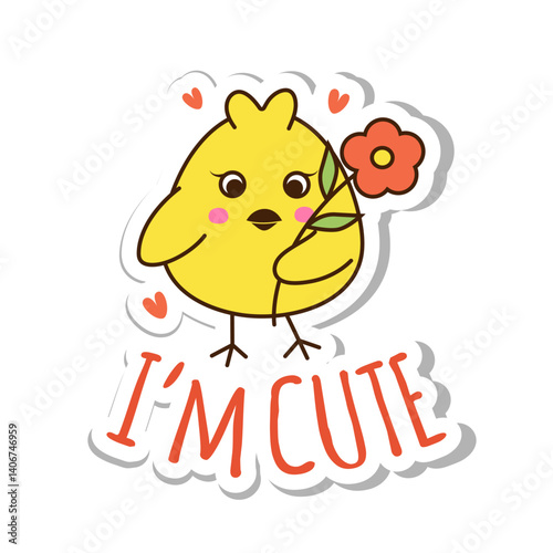 Sticker with cute yellow chicken with flower. Vector illustration isolated on white background.
