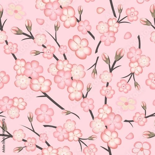 Spring seamless pattern with sakura branch flowers on pink background. Pink flowers of Japanese cherry, or apple flowers.