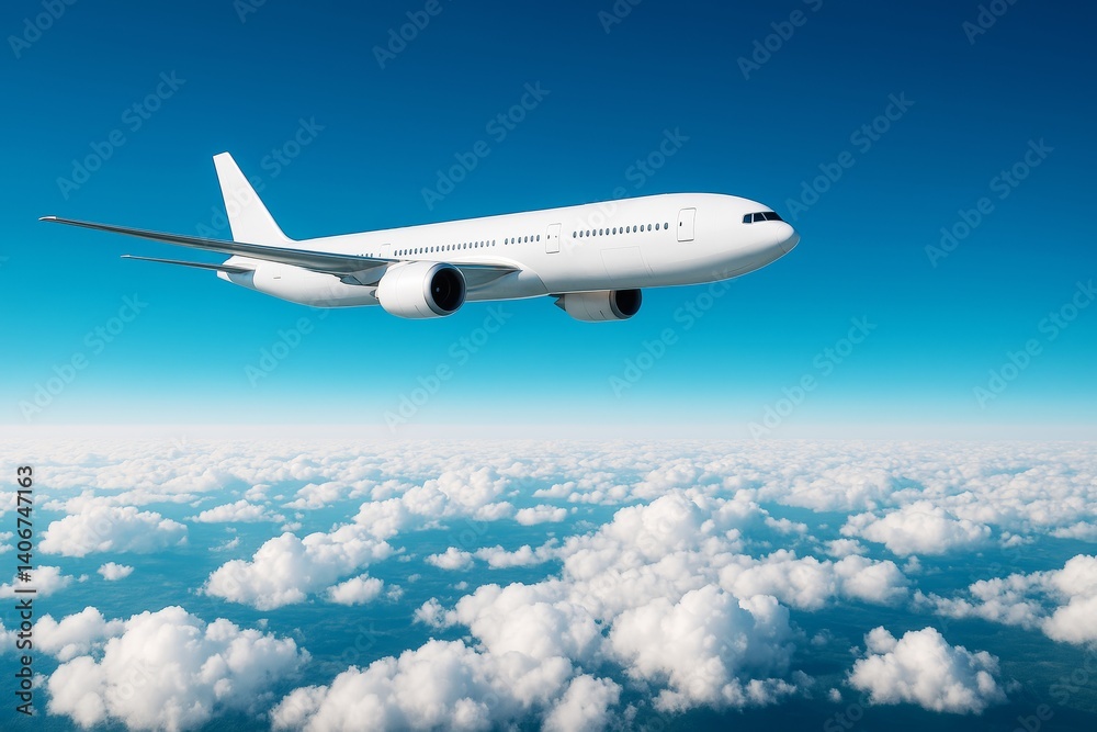 Fototapeta premium White commercial airplane flying above the clouds against a bright blue sky with light background and abstract cloudscape concept.