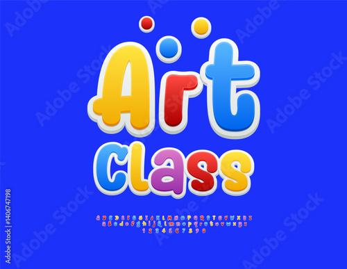 Vector Creative logo Art Class. Bright Joyful Font. Festive Colorful Alphabet Letters and Numbers