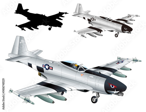 第二次戦闘機などで活躍したレトロな米軍P-51マスタング戦闘機を近未来的な軽ジェット戦闘攻撃機にトランスフォーム進化させた黒ストライプ入りシルバーメタリック塗装版のオリジナル空想アイデアイラスト