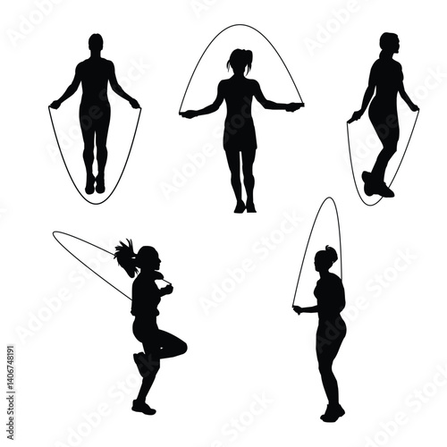 Set of Girls Skipping Rope in Black Silhouettes Jump Rope Fitness Vector Elements