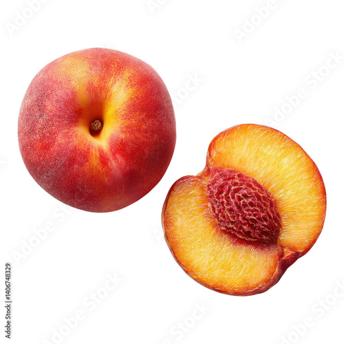 A vibrant peach and its halved counterpart showcase their smooth, colorful skin and juicy interior.