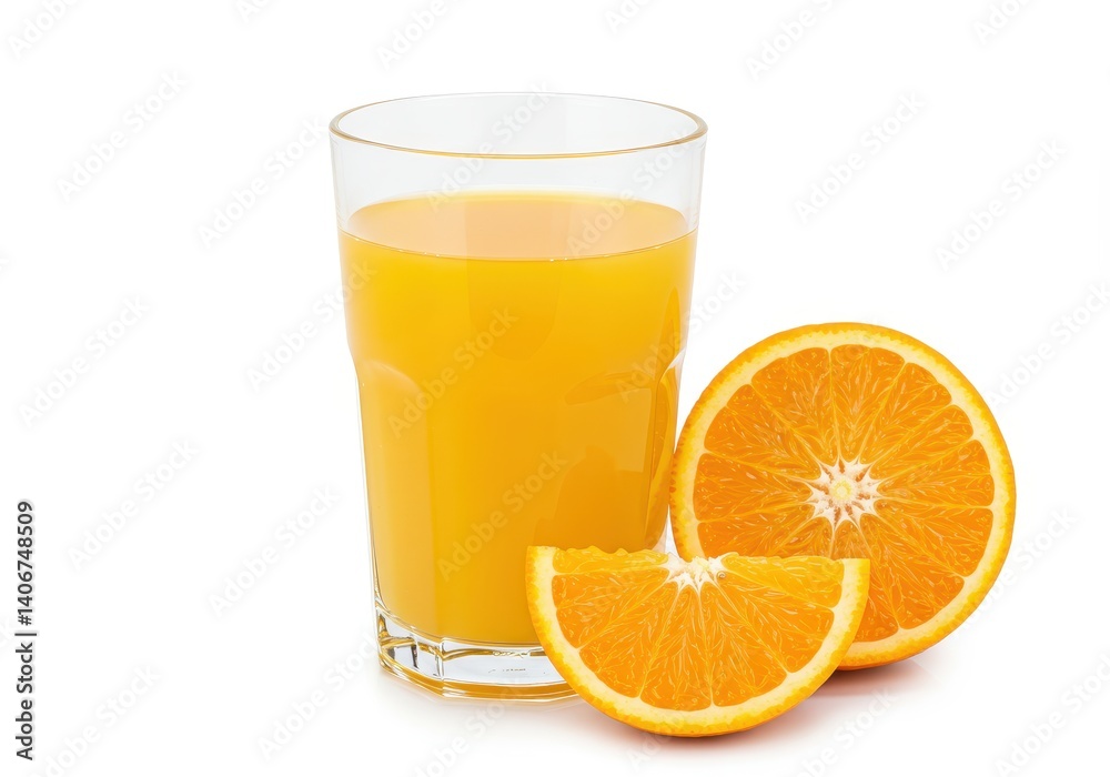 Fresh orange juice in glass with orange slice isolated on white background Fresh orange juice in glass with orange slice isolated on white background