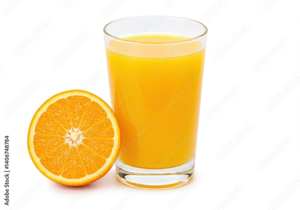 Fresh orange juice in glass with orange slice isolated on white background Fresh orange juice in glass with orange slice isolated on white background