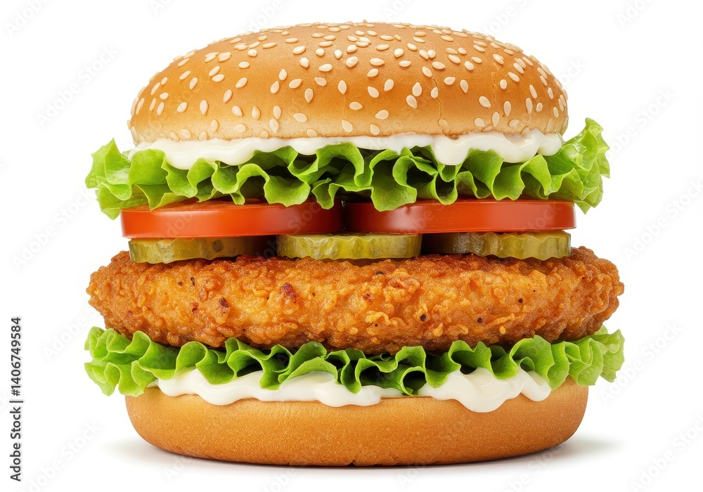 Crispy chicken burger with sesame bun lettuce tomato and pickles isolated on white background