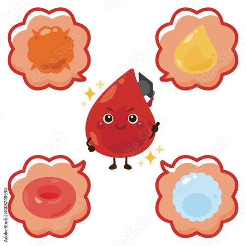 血液に含まれる細胞と血液のキャラクターイラストセット