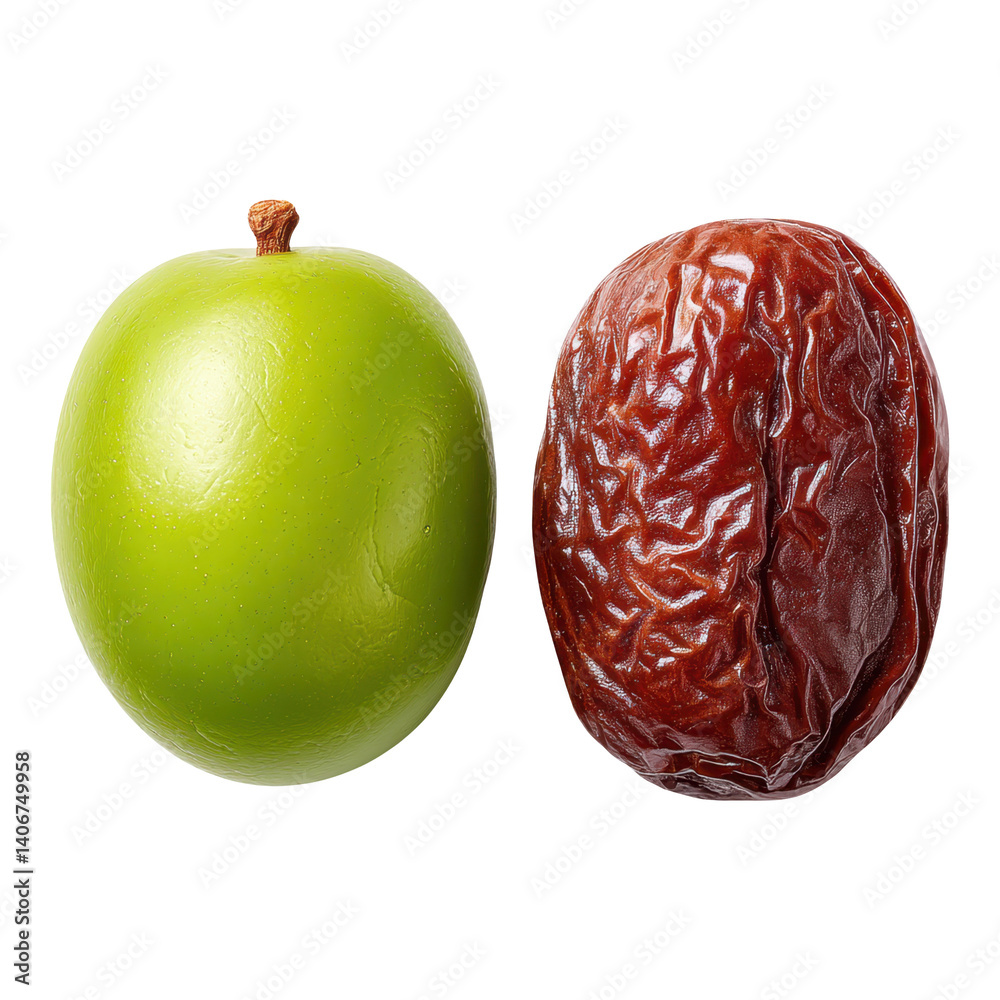 Fototapeta premium A green jujube next to a dried jujube, highlighting their distinct shapes and colors.