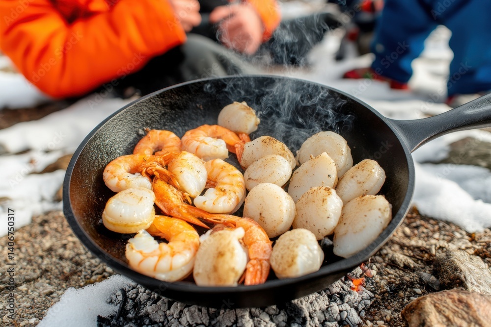 Cooking fresh shrimp and scallops over an open fire in a snowy wilderness with vibrant orange jackets decorating the background Cooking fresh shrimp and scallops over an open fire in a snowy wilderness with vibrant orange jackets decorating the background