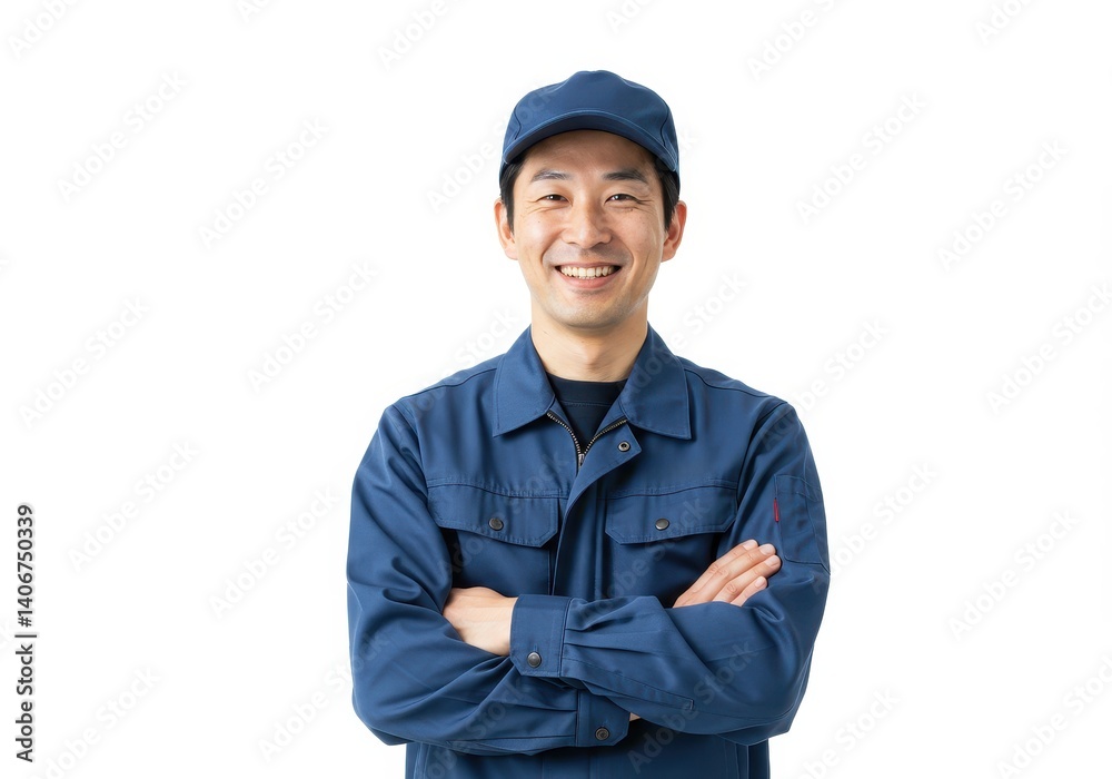 Smiling male worker in blue uniform with arms crossed isolated on white background Smiling male worker in blue uniform with arms crossed isolated on white background