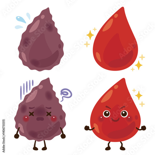 不健康な血液のキャラクターと健康的な血液のキャラクターイラスト