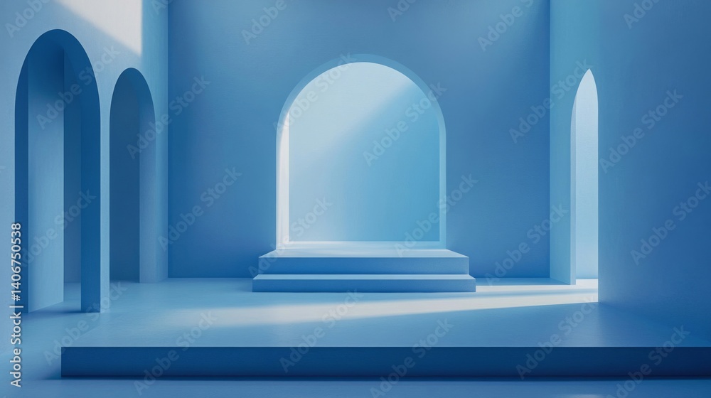 Fototapeta premium Light Blue Minimalist Room with Arches and Stage