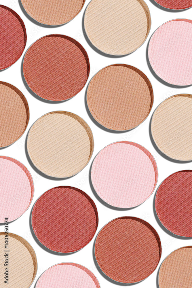 Fototapeta premium Cosmetics texture pattern, Neutral brown beige eye shadow makeup palette, round eye powder swatches. Female cosmetic and beauty products, aesthetic minimal beauty photo, natural eyeshade, top view