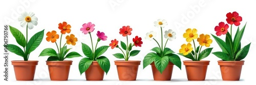 Colorful flowers and leaves of potted plants isolated on white background, nature, leaf