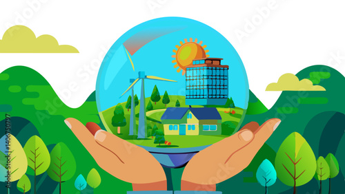 Protecting our green planet Eco friendly homes windmills solar energy in a bright vibrant