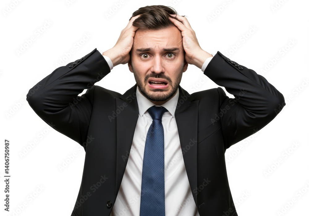 Stressed businessman holding his head with worried expression isolated on white background Stressed businessman holding his head with worried expression isolated on white background