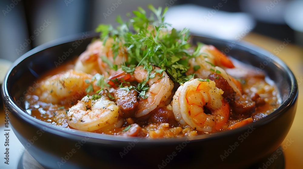 A spicy bowl of jambalaya with shrimp and sausage A spicy bowl of jambalaya with shrimp and sausage