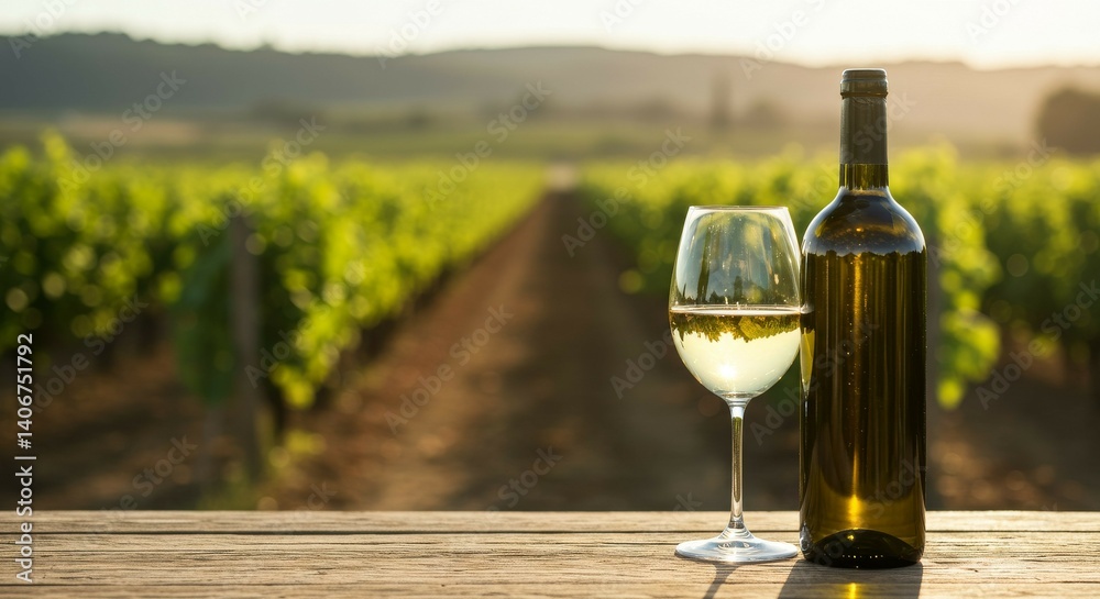 Fototapeta premium Vineyard Wine Tasting with Glass and Bottle at Sunset