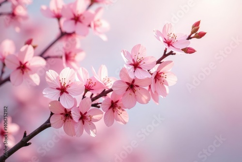 Delicate pink sakura blossoms, full bloom, soft pastel background, texture, cherry blossom, pastel