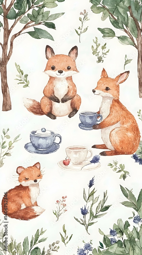 Naklejka premium Adorable watercolor foxes enjoying tea party amidst delicate foliage. Perfect for children's books, stationery, and prints.